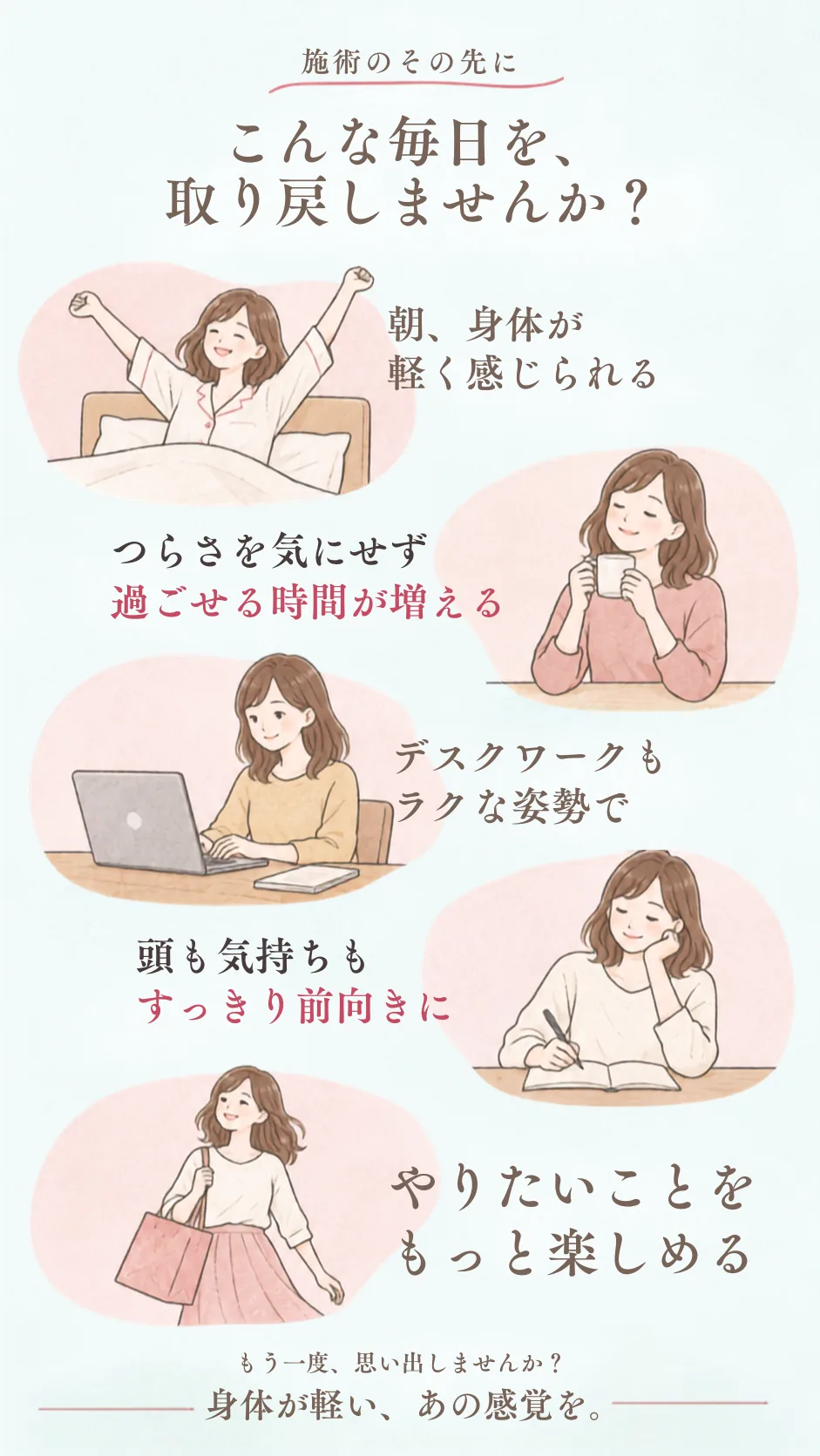 施術のその先に、こんな毎日を取り戻しませんか？　朝、身体が軽く感じられる／つらさを気にせず過ごせる時間が増える／デスクワークもラクな姿勢で／頭も気持ちもすっきり前向きに／やりたいことをもっと楽しめる